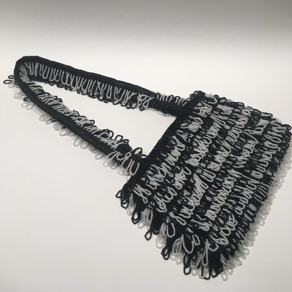 BLACK AND WHITE BEADED FLAPPER STYLE BAG